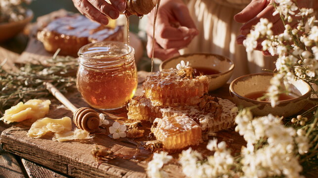 Golden honey drizzling from a wooden spoon onto fresh bread beside a glass jar, creating a warm rustic food scene with natural farm ingredients.
