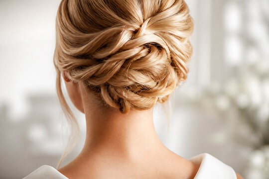 A woman with an elaborate blonde braided updo is shown from the back in a bright, softly lit indoor setting.