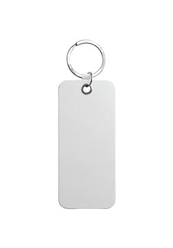 Blank white rectangular keychain tag with silver split ring, isolated on transparent background for promotional branding mockup and custom logo design.