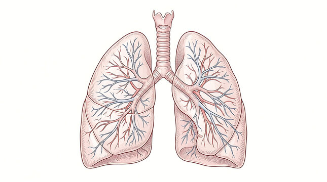 Detailed medical illustration of human lungs depicting bronchial tubes and vascular structures for educational purposes