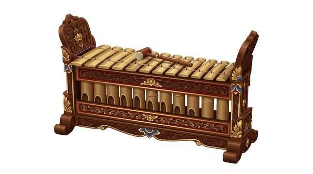 Traditional Indonesian Slenthem metallophone musical instrument with intricate wooden carvings