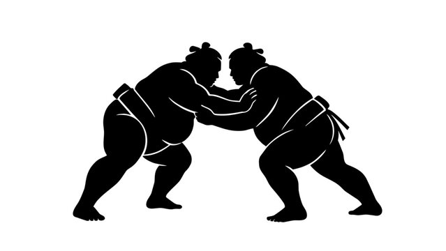 Two sumo wrestlers grappling black silhouette
