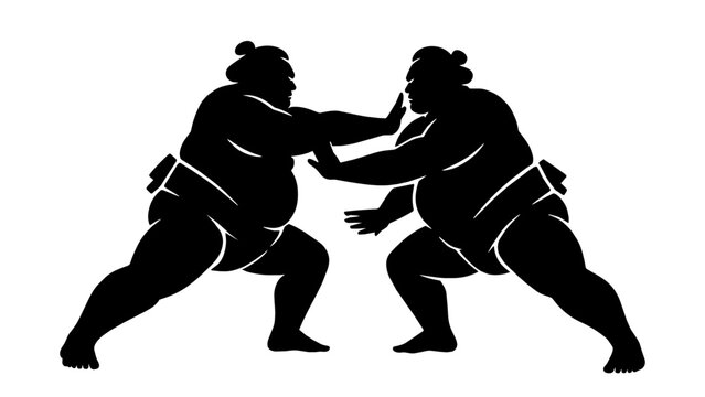 Two sumo wrestlers grappling black silhouette
