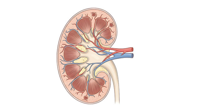 Detailed anatomical illustration of human kidney with internal structures and blood vessels visualization