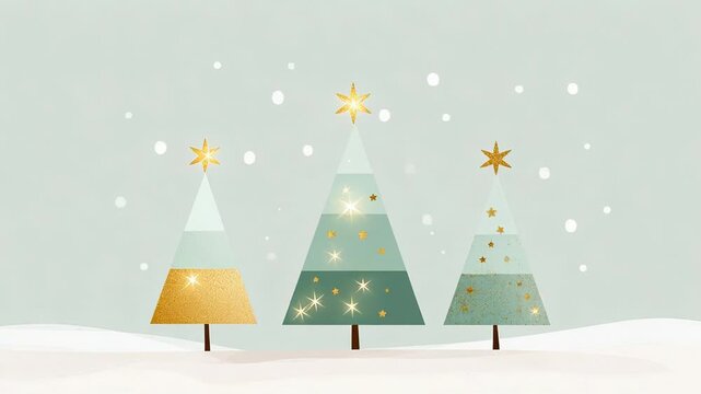 ?Snow falling on festive christmas trees with golden stars in a winter wonderland scene