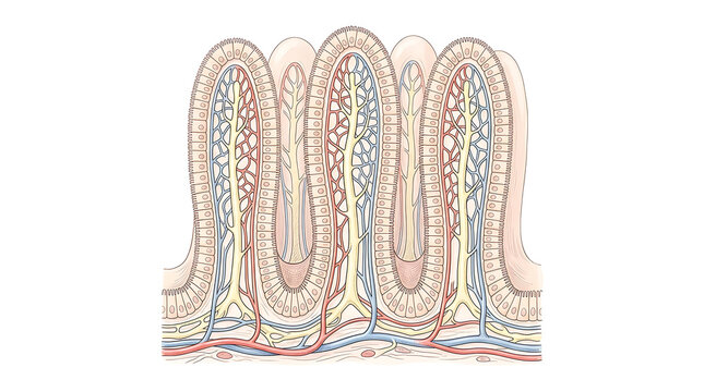 Detailed cross-sectional illustration of intestinal villi highlighting microvilli and blood vessels in the small intestine