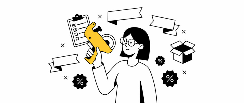 Woman holding price tag gun for retail sale promotion in minimalist line art illustration featuring inventory checklist, discount percentage icons, cardboard box, clearance deal concepts vector graphi