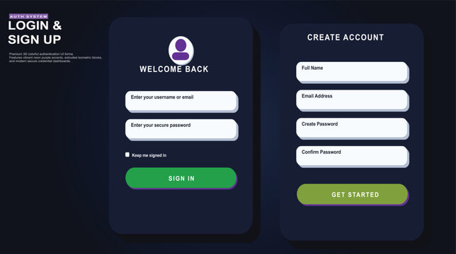 Login sign up auth system forms with neon purple accents and green buttons for modern secure credential dashboard user interfaces.