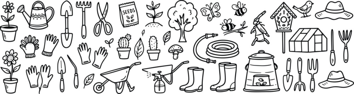 Handdrawn gardening tools and plants collection