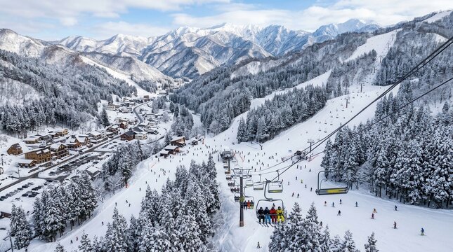 Breathtaking Aerial View of a Snowy Ski Resort Village with Ski Lifts and Slopes Full of Skiers, Surrounded by Majestic Snow-Covered Mountains