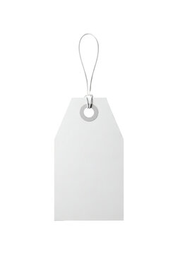 Blank white paper price tag with string for retail branding, realistic hang label mockup isolated on a transparent background.