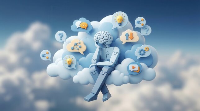 Artificial intelligence bot with brain and puzzle pieces contemplates ideas and data on a cloud, symbolizing digital thinking and innovation.