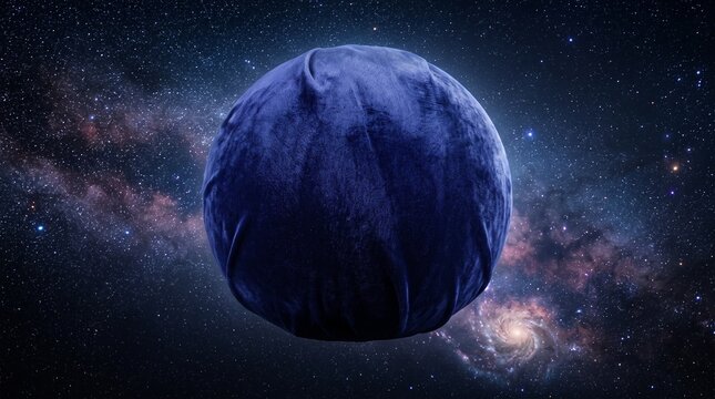 Blue textured planet in deep space with starry galaxy background and nebula clouds