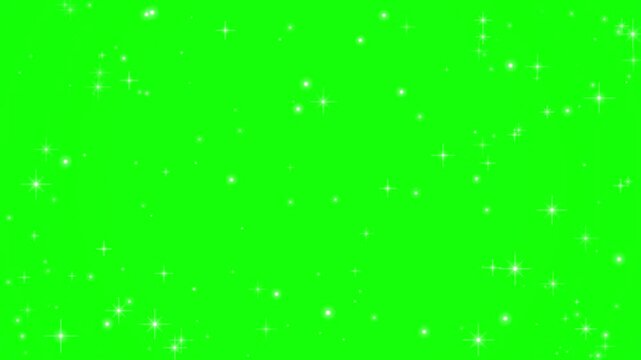 Animated white sparkling particles shimmering and falling against a vibrant green screen, creating a magical backdrop for compositing and visual effects.
