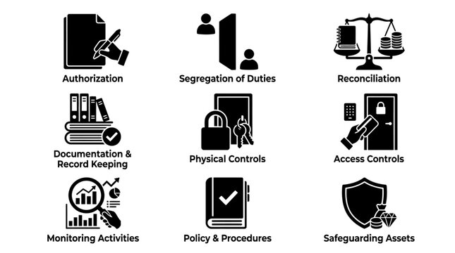 Infographic icons depicting IT governance and compliance frameworks for cybersecurity and risk management processes.