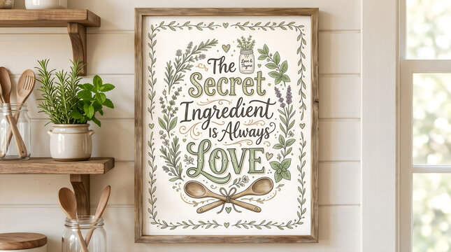 Framed wall art poster featuring a hand drawn calligraphy quote about cooking with love surrounded by botanical herbs in a cozy rustic white farmhouse kitchen