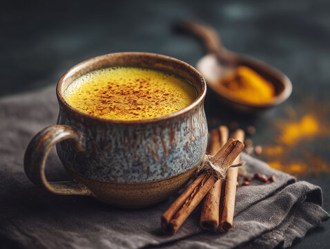 Turmeric latte with cinnamon sticks, natural light