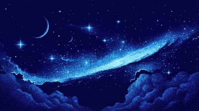 Majestic Starry Night Sky with Glowing Blue Stars, Galaxy Nebula and Cosmic Universe Background