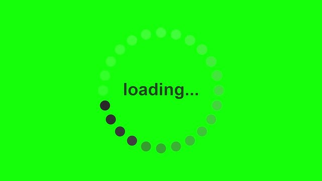 Dynamic Loading Progress Indicator Animation with Spinning Dots and 'Loading' Text on Chroma Key Green Screen Background