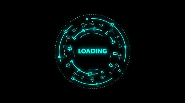 Futuristic blue neon loading animation with a rotating circular interface and glowing geometric elements on a dark background, symbolizing digital progress, data transfer, and waiting.
