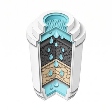 Water filter cartridge cross section with layered purification showing activated carbon and sand filtering. Clean water filtration system for smart sustainable home and eco living concept isolated on
