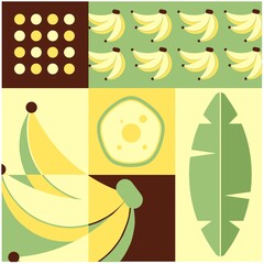 banana collage with geometric shapes and decorative botanical patterns © Jegos