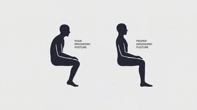 Poor and proper ergonomic posture silhouettes showing correct and incorrect sitting position for health and comfort