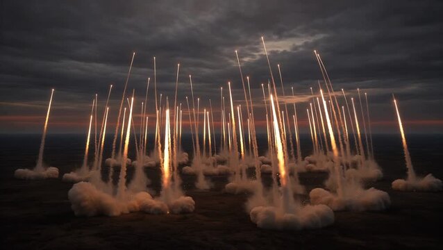 Dramatic Twilight Missile Launch with Explosive Display and Smoke Plumes in Darkening Sky