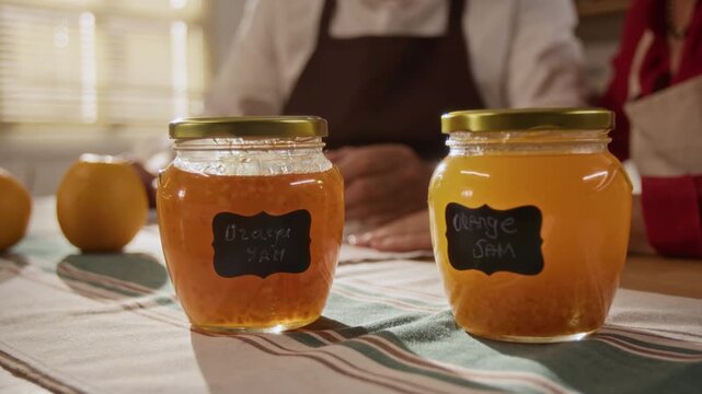 Senior Caucasian man placing glass jar of homemade orange jam on table beside second jar. Perfect for organic food branding, artisanal culinary promotion, family cooking tutorials