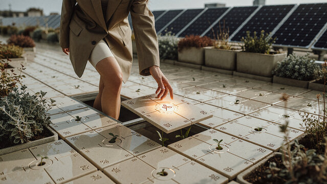 Person reaches toward an illuminated square tile on a rooftop garden floor while solar panels stand in the background under soft daylight. Carved symbols glow beneath a hand's touch.