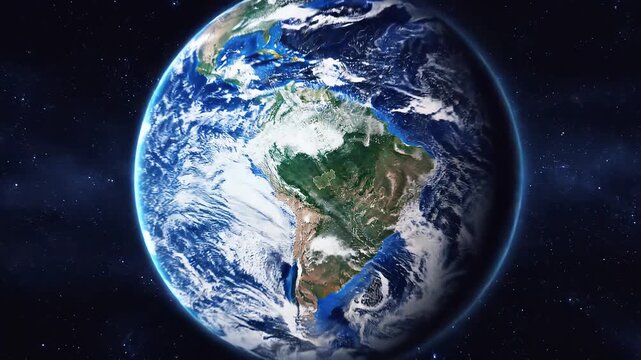 Earth rotating slowly in space with clouds and continents visible during cosmic exploration