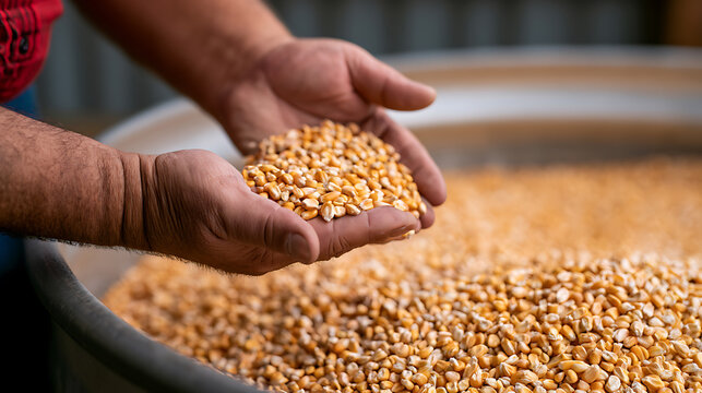 Farmer holding handful of yellow corn maize Zea mays grain seeds harvest inside agricultural silo facility storage bin during production season