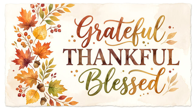 Grateful thankful blessed watercolor greeting card with vibrant autumn maple leaves and acorns border on a textured paper background for Thanksgiving seasonal holiday celebration design