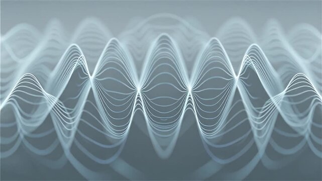 Abstract waves of glowing particles moving in sync rhythmically on dark blurred background.