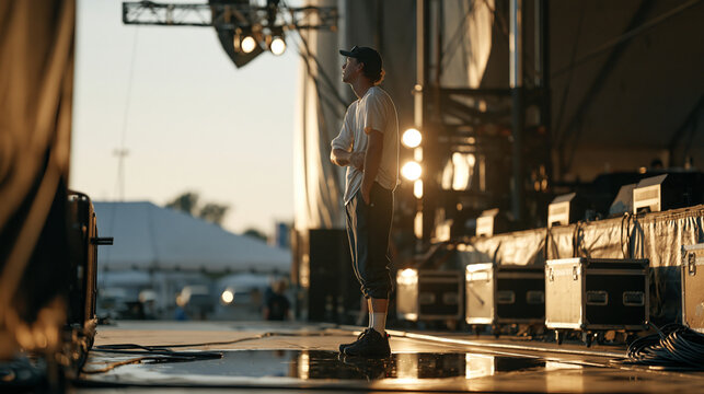 Aftermath of an outdoor concert at golden hour, a crew member cooling down beside the stage, a puddle on the tent floor reflecting the last rigging light overhead, scattered