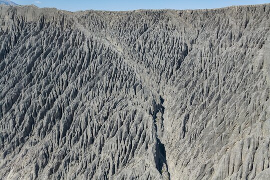 Close-up Aerial View of Dushanzi Grand Canyon Mudstone Texture in Xinjiang: Geological Strata, Erosion Gullies, Mudstone Formations along Duku Highway