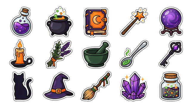 Witchcraft icon set with magical items and tools