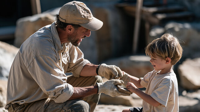 A zookeeper under harsh midday sun explaining tuning intervals to a visiting grandchild using a mbira held in gloved hands, intergenerational moment of wonder as the older keeper