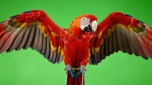 Scarlet macaw parrot perches with wings wide open against a solid green background.