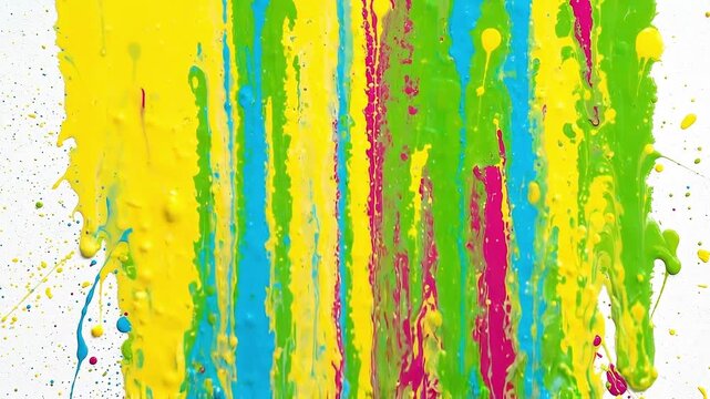 Slow motion static shot of paint splatter transforming into vertical drips on white canvas in studio, close up of yellow blue green pink pigments cascading and mixing with textured surface