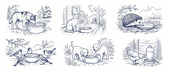 Obraz premium Animals drinking water line art illustration set featuring dog, cat, hedgehog, birds, puppies, and chicken drinking from bowls in simple ink sketch style vector graphic for coloring book art.