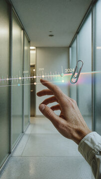 Hand reaches toward a digital timeline interface floating in a narrow hallway. A silver paperclip icon sits near the year 2024 on a glowing translucent line with prismatic light effects.