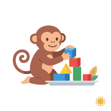 Cartoon Monkey Stacking Colorful Wooden Toy Blocks on a Tray in a Playful Kids Illustration Style with Cheerful Character Design for Early Childhood Education and Nursery Themes