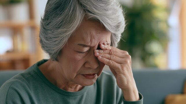 Elderly Asian woman sitting on sofa at home covering her eyes from screen fatigue and eye strain, representing digital health concerns, aging, technology use, vision problems and wellness care