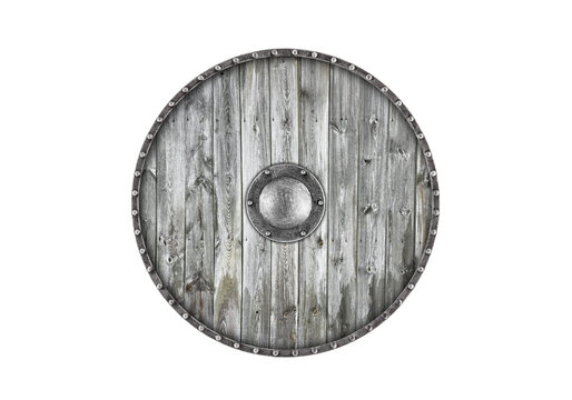 Old wooden round shield isolated on white background