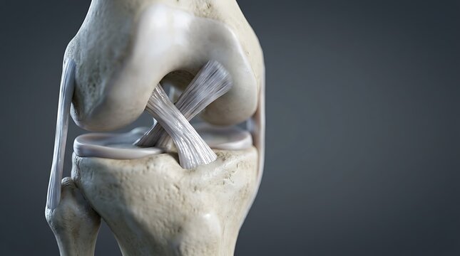 Human knee joint model showcasing intricate bone structure cartilage ligaments and tendons for medical education purposes in anatomy studies