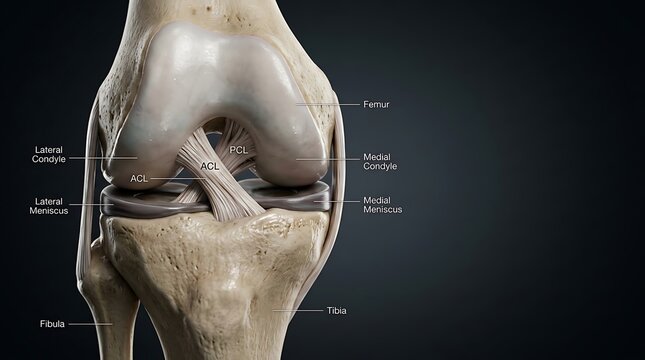 Human knee joint anatomy showing femur tibia fibula lateral condyle medial condyle lateral meniscus medial meniscus acl pcl bones ligaments cartilage medical illustration