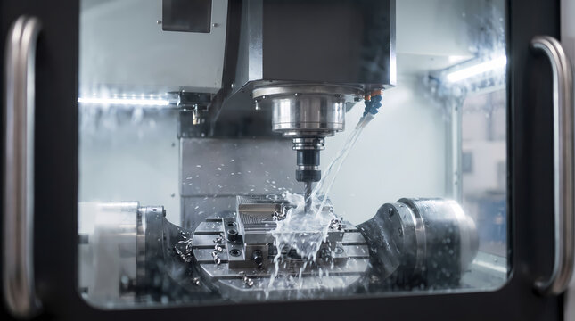 CNC milling machine cutting metal block with coolant fluid splashing