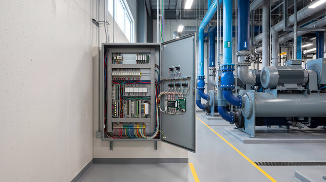 Open electrical control panel with PLC automation and wiring near industrial chillers