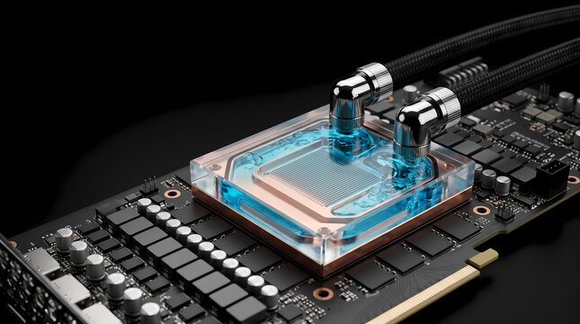 High performance liquid cooling block on a computer processor with blue coolant